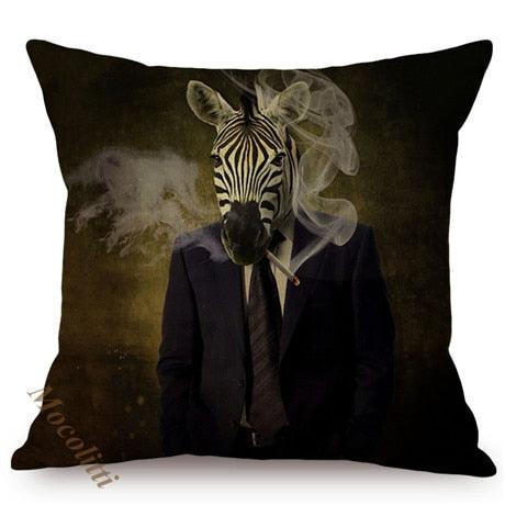 Nordic Art Posters Style Pillow Covers Decorative Cushion Cover Zebra Giraffe Elephant Horse Fashion Animal Wearing Hat Sofa Throw Pillow Case Stevvex