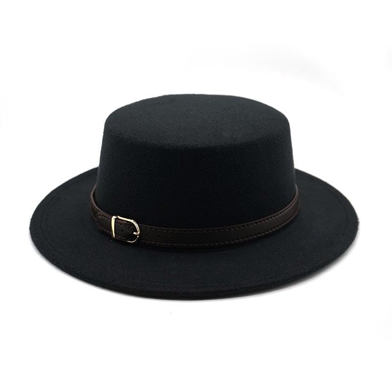 One Size New Retro Winter Autumn Women Men Top Hat Cotton Warm Winter Hat Solid Color Wide Brim Straight Sides Hat Fedora Hat Luxury Fedora Hats With Belt Buckle Elegant Flat Brim Hat Stevvex
