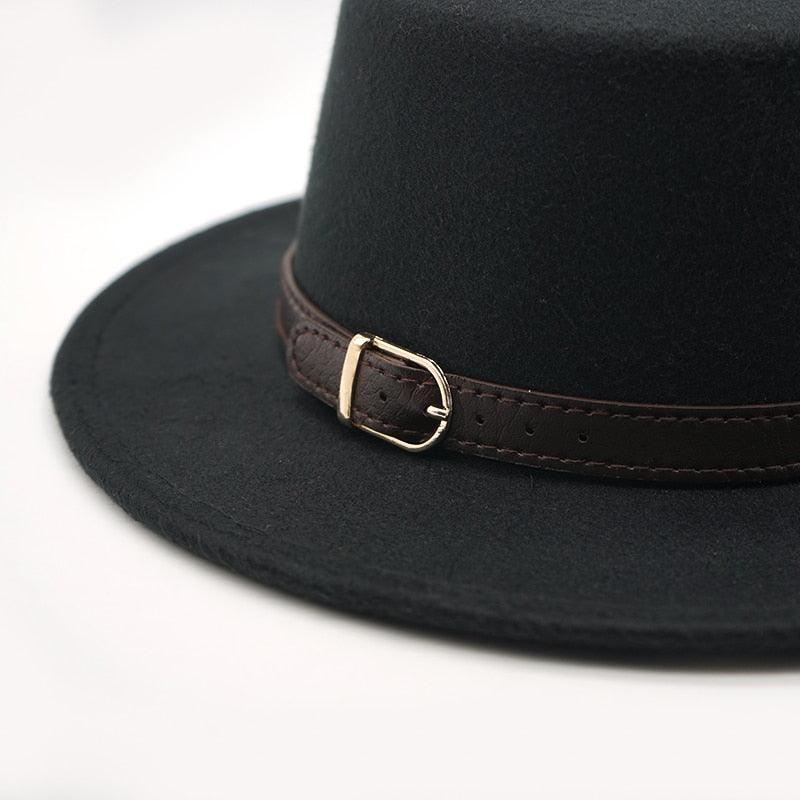 One Size New Retro Winter Autumn Women Men Top Hat Cotton Warm Winter Hat Solid Color Wide Brim Straight Sides Hat Fedora Hat Luxury Fedora Hats With Belt Buckle Elegant Flat Brim Hat Stevvex
