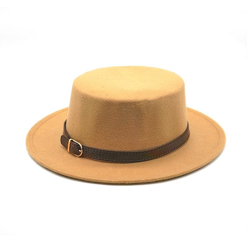 One Size New Retro Winter Autumn Women Men Top Hat Cotton Warm Winter Hat Solid Color Wide Brim Straight Sides Hat Fedora Hat Luxury Fedora Hats With Belt Buckle Elegant Flat Brim Hat Stevvex