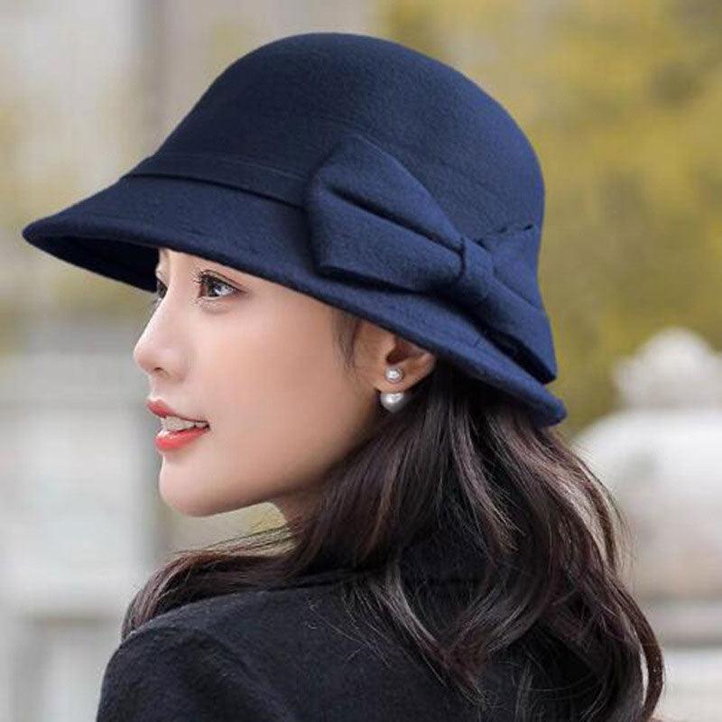 One Size Women's Hat Bow-knot Woolen Fedoras Women's Autumn Winter Hat Solid Color Wide Brim Hat Elegant Fedora Hat Fashion Ladies Vintage Luxury Hat Warm Autumn Soft Hat for Ladies Stevvex