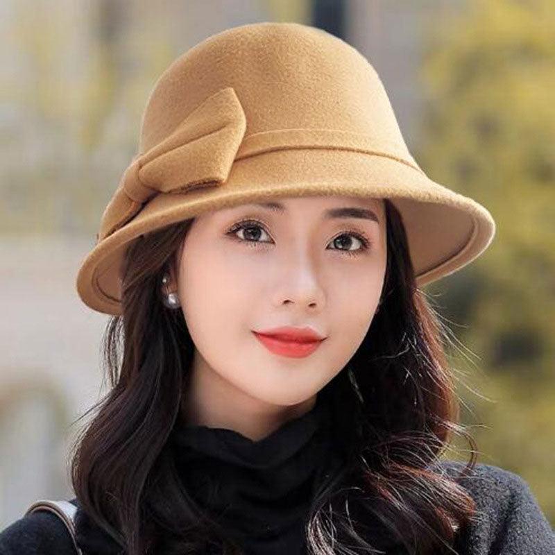 One Size Women's Hat Bow-knot Woolen Fedoras Women's Autumn Winter Hat Solid Color Wide Brim Hat Elegant Fedora Hat Fashion Ladies Vintage Luxury Hat Warm Autumn Soft Hat for Ladies Stevvex