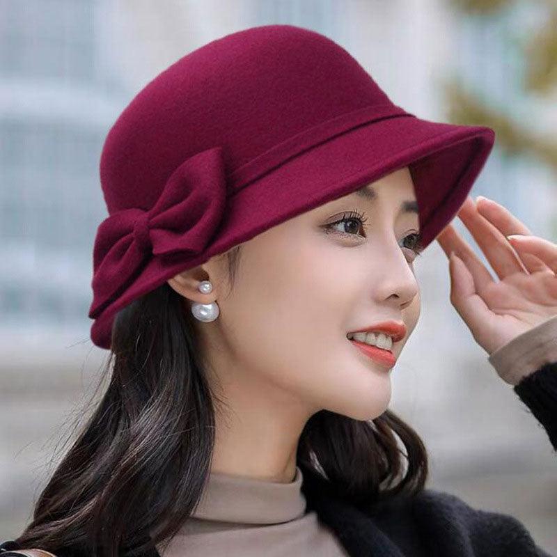 One Size Women's Hat Bow-knot Woolen Fedoras Women's Autumn Winter Hat Solid Color Wide Brim Hat Elegant Fedora Hat Fashion Ladies Vintage Luxury Hat Warm Autumn Soft Hat for Ladies Stevvex