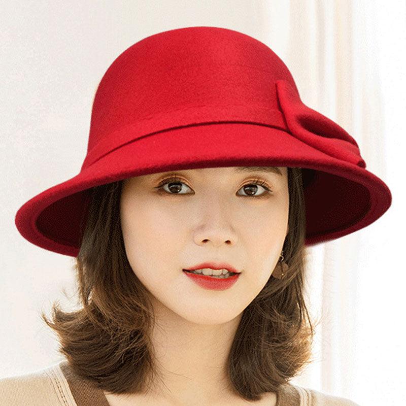 One Size Women's Hat Bow-knot Woolen Fedoras Women's Autumn Winter Hat Solid Color Wide Brim Hat Elegant Fedora Hat Fashion Ladies Vintage Luxury Hat Warm Autumn Soft Hat for Ladies Stevvex