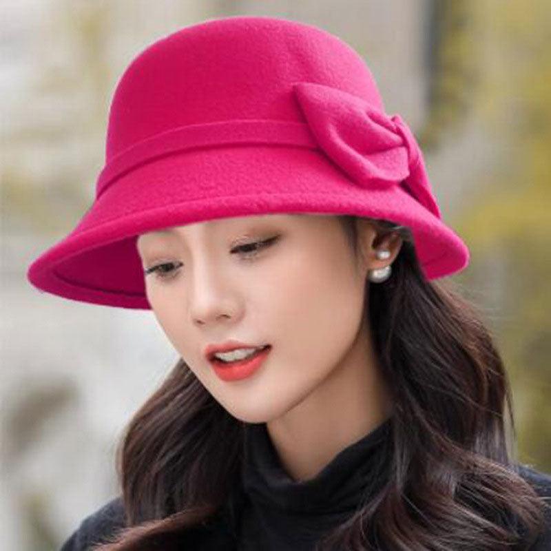 One Size Women's Hat Bow-knot Woolen Fedoras Women's Autumn Winter Hat Solid Color Wide Brim Hat Elegant Fedora Hat Fashion Ladies Vintage Luxury Hat Warm Autumn Soft Hat for Ladies Stevvex