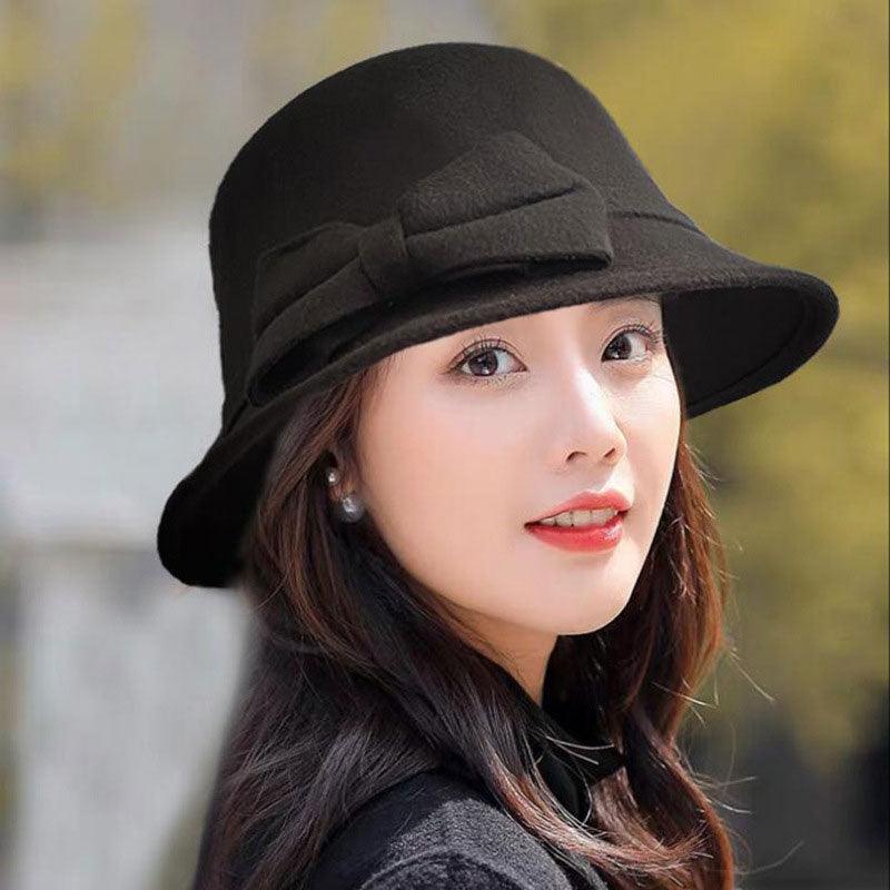 One Size Women's Hat Bow-knot Woolen Fedoras Women's Autumn Winter Hat Solid Color Wide Brim Hat Elegant Fedora Hat Fashion Ladies Vintage Luxury Hat Warm Autumn Soft Hat for Ladies Stevvex
