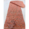 Peach Ribbon Flower Beaded Tulle Lace Fabric