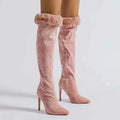 Pink Faux Fur Pointed Stiletto Heel High Boots