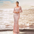 Pink Long Sleeve Sequined Sheath Fishtail Evening Dress