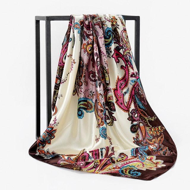 Luxury Long Soft Square Silk Scarves Lightweight Elegant Satin Silk Soft Head Wrap Escharpe Hijab Scarf Muslim Female Silky Shawls Wrap Hair Head Scarves Bandanna For  Women 90*90cm Stevvex
