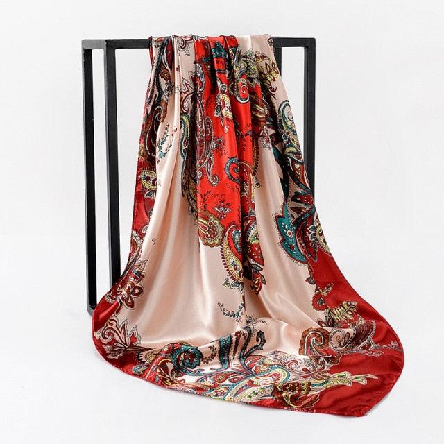 Luxury Long Soft Square Silk Scarves Lightweight Elegant Satin Silk Soft Head Wrap Escharpe Hijab Scarf Muslim Female Silky Shawls Wrap Hair Head Scarves Bandanna For  Women 90*90cm Stevvex