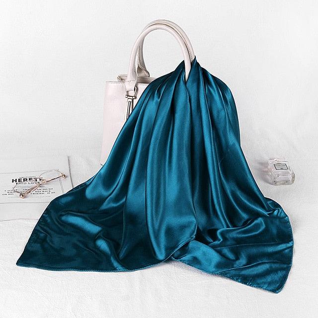 Luxury Long Soft Square Silk Scarves Lightweight Elegant Satin Silk Soft Head Wrap Escharpe Hijab Scarf Muslim Female Silky Shawls Wrap Hair Head Scarves Bandanna For  Women 90*90cm Stevvex