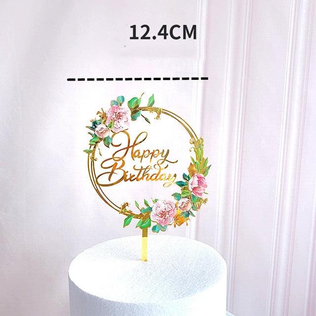 New Colored Flowers Happy Birthday Cake Topper Happy Birthday Cake Topper Acrylic With Flowers Cupcake Topper For Various Birthday Party Cake Decorations Golden Acrylic Birthday Party Dessert Decoration For Baby Shower Baking Supplies Stevvex
