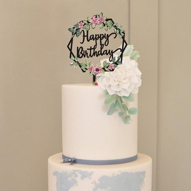 New Colored Flowers Happy Birthday Cake Topper Happy Birthday Cake Topper Acrylic With Flowers Cupcake Topper For Various Birthday Party Cake Decorations Golden Acrylic Birthday Party Dessert Decoration For Baby Shower Baking Supplies Stevvex