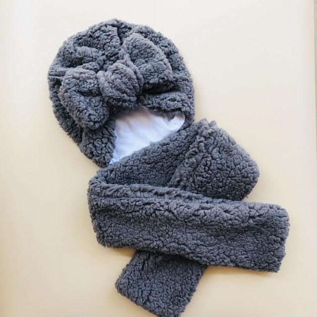 Baby Cotton Hat  Autumn Winter Children Scarf Hat Sets  Bowknot Ear Baby Girl Boy Warm Beanies Cap Neck Warmer Scarf Fleece Balaclava Hood Ski Mask Cold Weather Face Mask Neck Warmer Winter Nose Warmer Stevvex