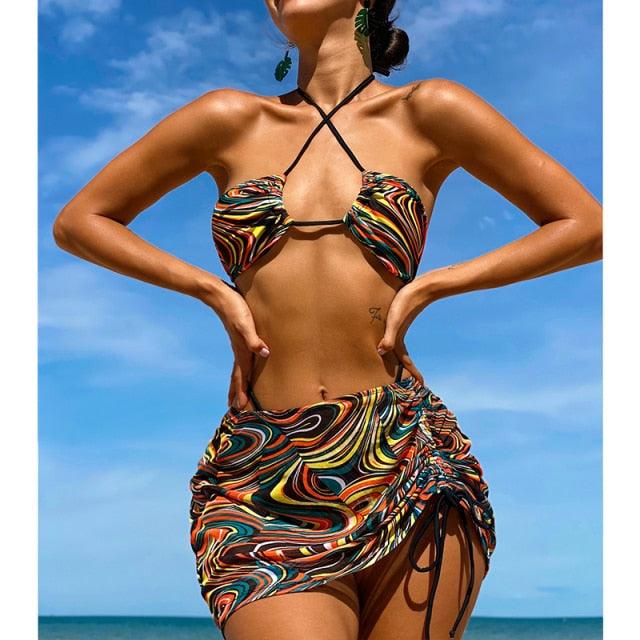 High Waist Mesh Skirt Swimsuit Triangle Micro Bikini Set 3-Piece High Cut Swimwear Women's Bikini Swimsuits With Wrap Skirt, 3 Pieces Strings High Cut Bikini Set Bathing Suits Women Vintage Print Bathing Suit Stevvex