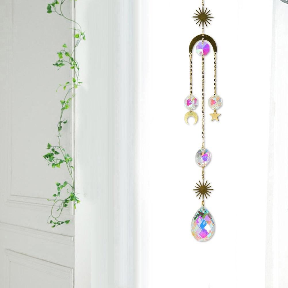 Metallic Hoop Moon Sun Catcher Hanging Crystal Pendant Chandelier Lamps Light Crystals Glass Pendants Light Rainbow Maker Wind Chime Hanging Drop Gift of Good Luck Garden Decor Hanging Ornament For Home Decoration