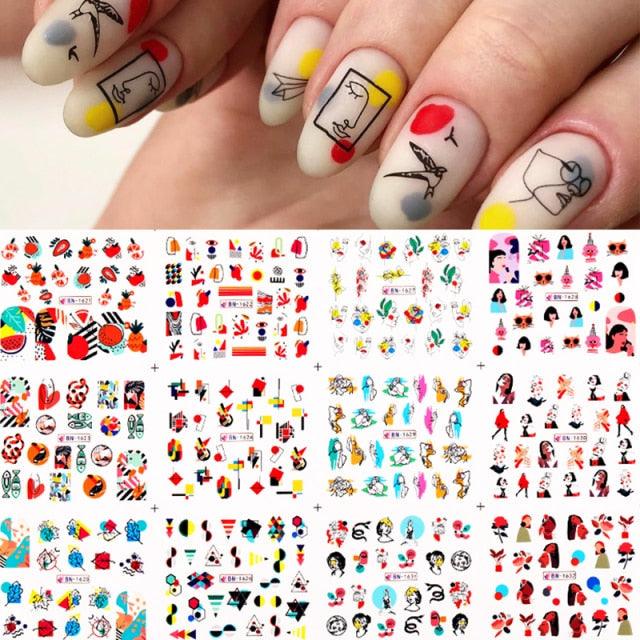 Colorful Wave Geometrics Shaped Water Decals Stickers For Nails Snake And Face Image Sliders Nail Art Decoration Decor Tip Transfer Nail Decals Sticker For Pretty Girl Self-Adhesive Nail Decals Designer Nail Stickers for Acrylic