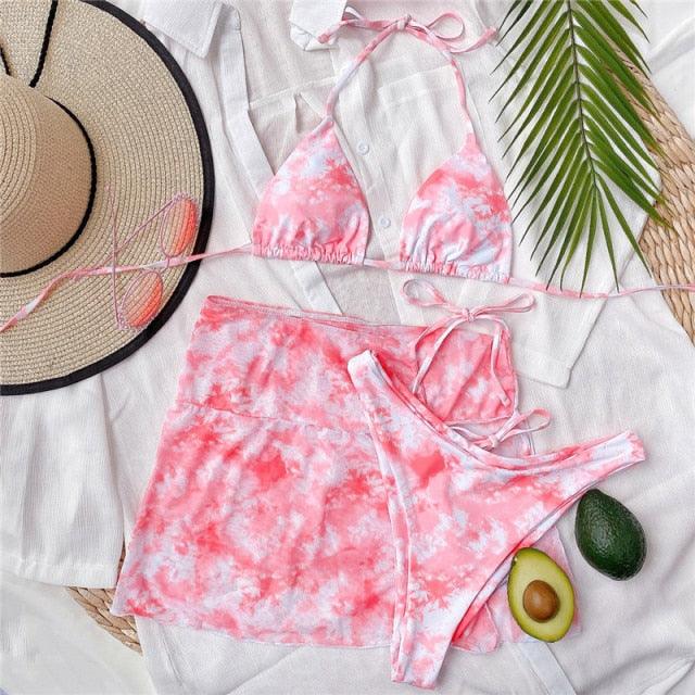 3 Piece Women Bikini Modern Swimsuit Women High Cut  Suit Halter Swimwear Women's Bikini Swimsuits With Wrap Skirt Lace Up Pieces Strings High Cut Bikini Set Bathing Suits Female Triangle Backless Bathing Suit Stevvex