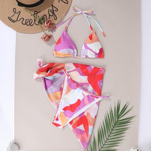 3 Piece Women Bikini Modern Swimsuit Women High Cut  Suit Halter Swimwear Women's Bikini Swimsuits With Wrap Skirt Lace Up Pieces Strings High Cut Bikini Set Bathing Suits Female Triangle Backless Bathing Suit Stevvex
