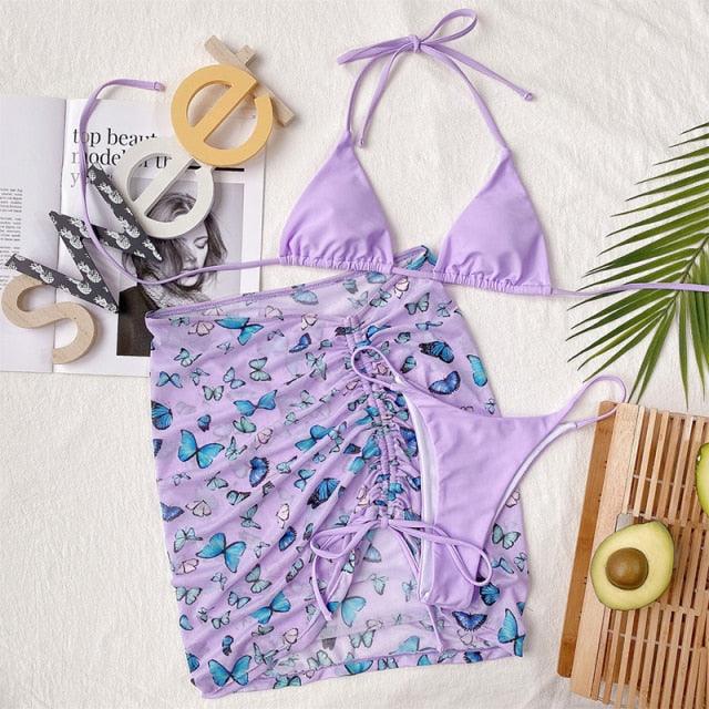 3 Piece Women Bikini Modern Swimsuit Women High Cut  Suit Halter Swimwear Women's Bikini Swimsuits With Wrap Skirt Lace Up Pieces Strings High Cut Bikini Set Bathing Suits Female Triangle Backless Bathing Suit Stevvex