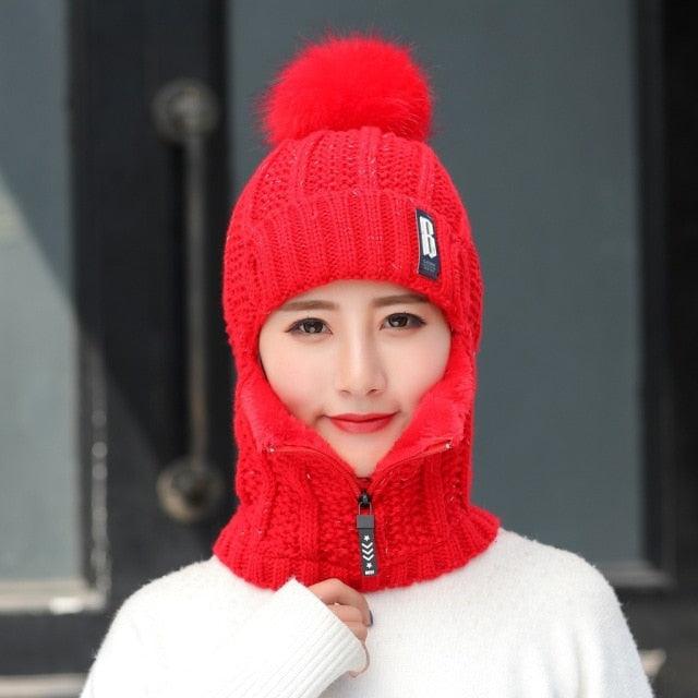 Coral Fleece Winter Women Knitted Hats Add Fur Warm Winter Hats For Women With Zipper Keep Face Warmer Balaclava Pompoms Cap Balaclava Gorgas Bonnet Knitted Hat Windproof Ski Mask Cold Weather Face Mask Motorcycle Balaclava Hood Warmer Winter Sports Cap Stevvex