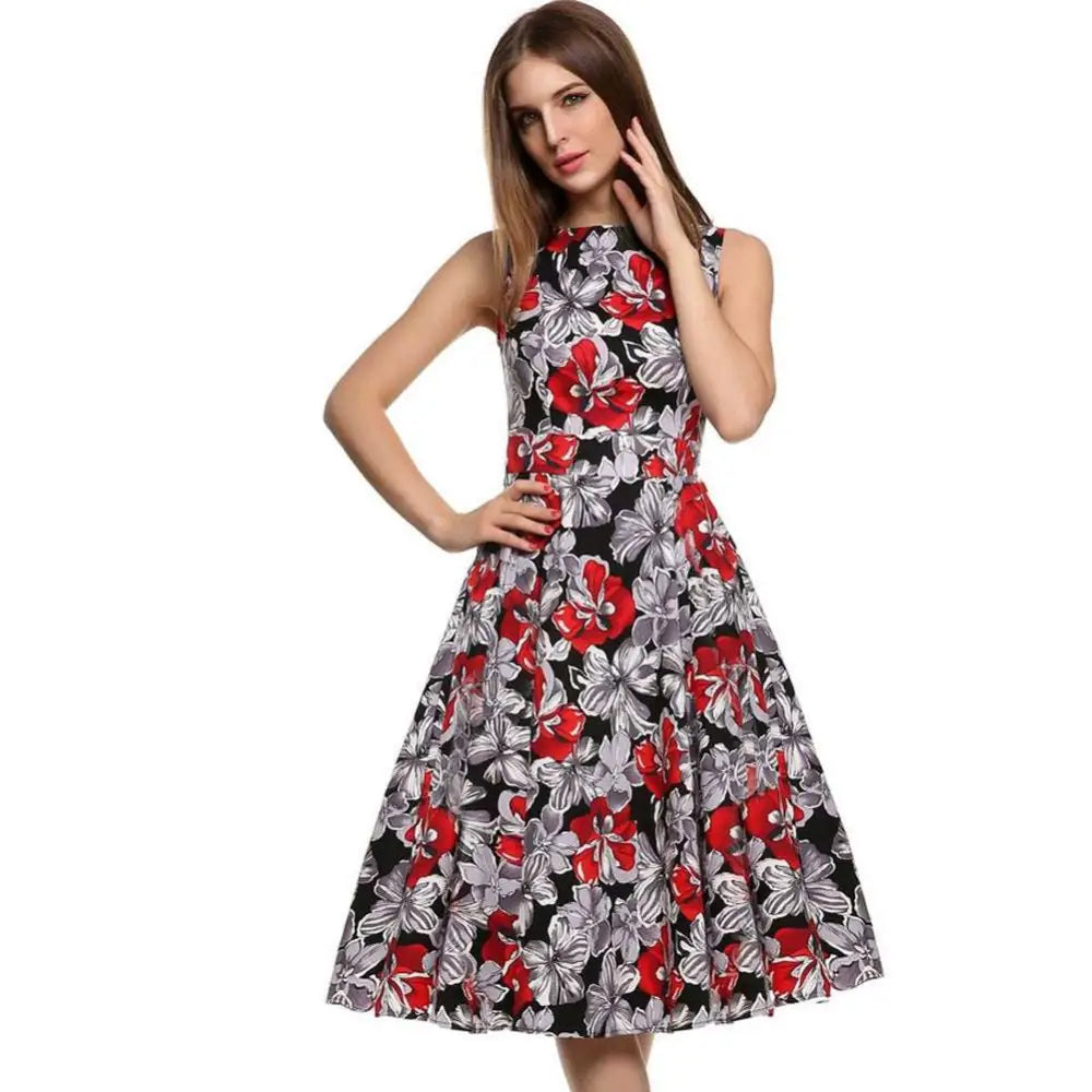 Purple Floral Sleeveless Vintage Print Dress