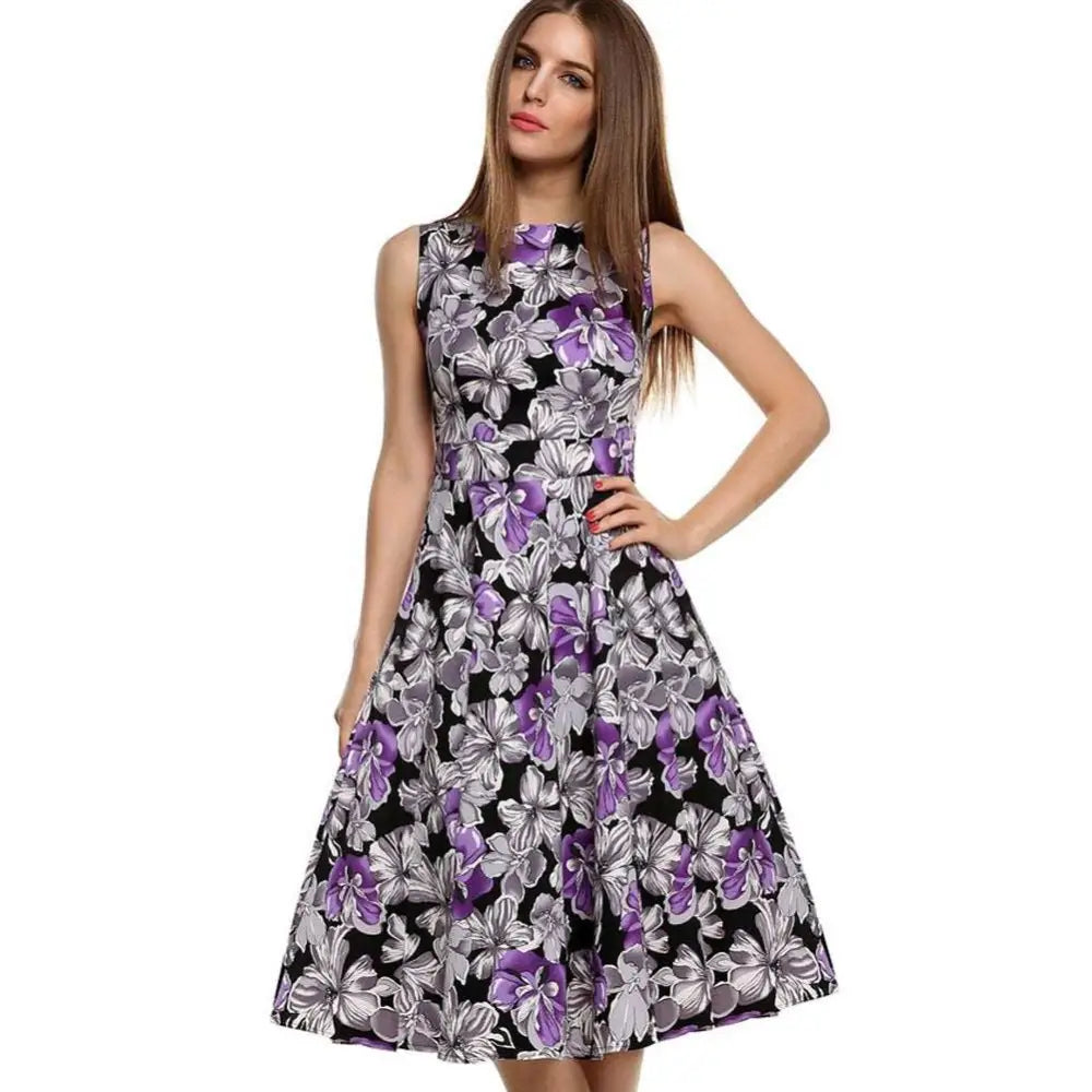 Purple Floral Sleeveless Vintage Print Dress