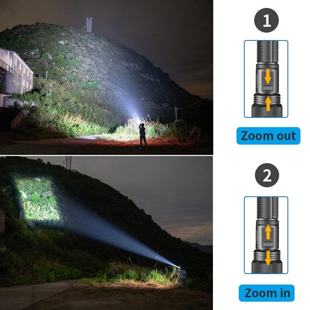 Rechargeable Adjustable Led Flashlights With High Lumen With Battery Display Super Bright Waterproof Flashlight  5 Lighting Modes For Adventure Hiking Camping Hunting New Design