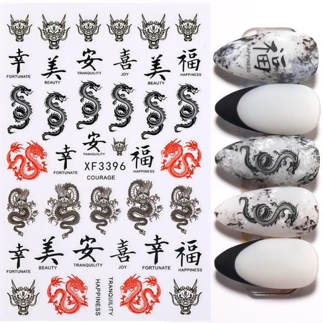 Red Black Colorful 3D Dragon Design Stickers Women Love Nail Art Slider Gel Polish Decal Temporary Decoration For Nail Manicures 3D Self-Adhesive Nail Art Tips Sliders for Women Girls DIY Nail Decorations Manicure Decor Accessories