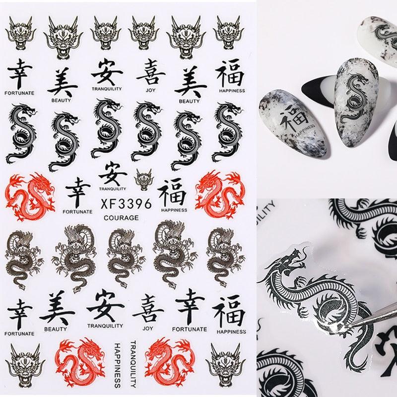 Red Black Colorful 3D Dragon Design Stickers Women Love Nail Art Slider Gel Polish Decal Temporary Decoration For Nail Manicures 3D Self-Adhesive Nail Art Tips Sliders for Women Girls DIY Nail Decorations Manicure Decor Accessories
