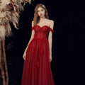 Red Lace Off Shoulder Wedding Toast Dress