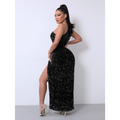 Red One Shoulder Slash Neck Sequins Slit Dress