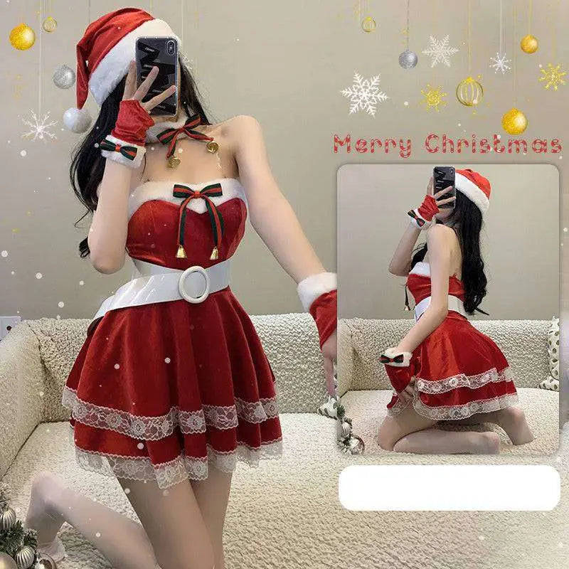 Red Velvet Christmas Dress Stage Anchor Costume Royalessencelux