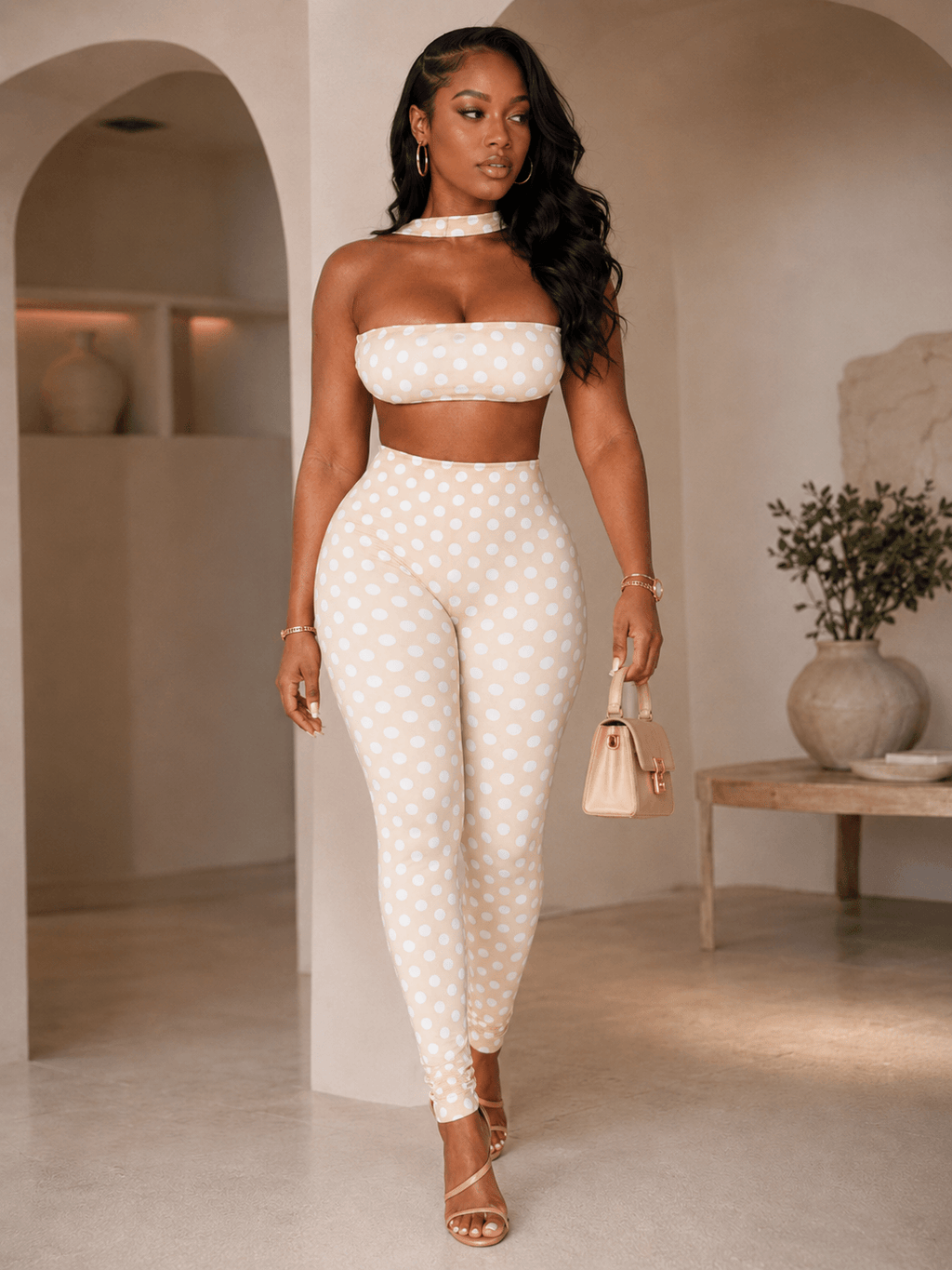 Retro Dot Bandeau Crop Top & High-Waist Leggings Set Rose In Concrete 🥀