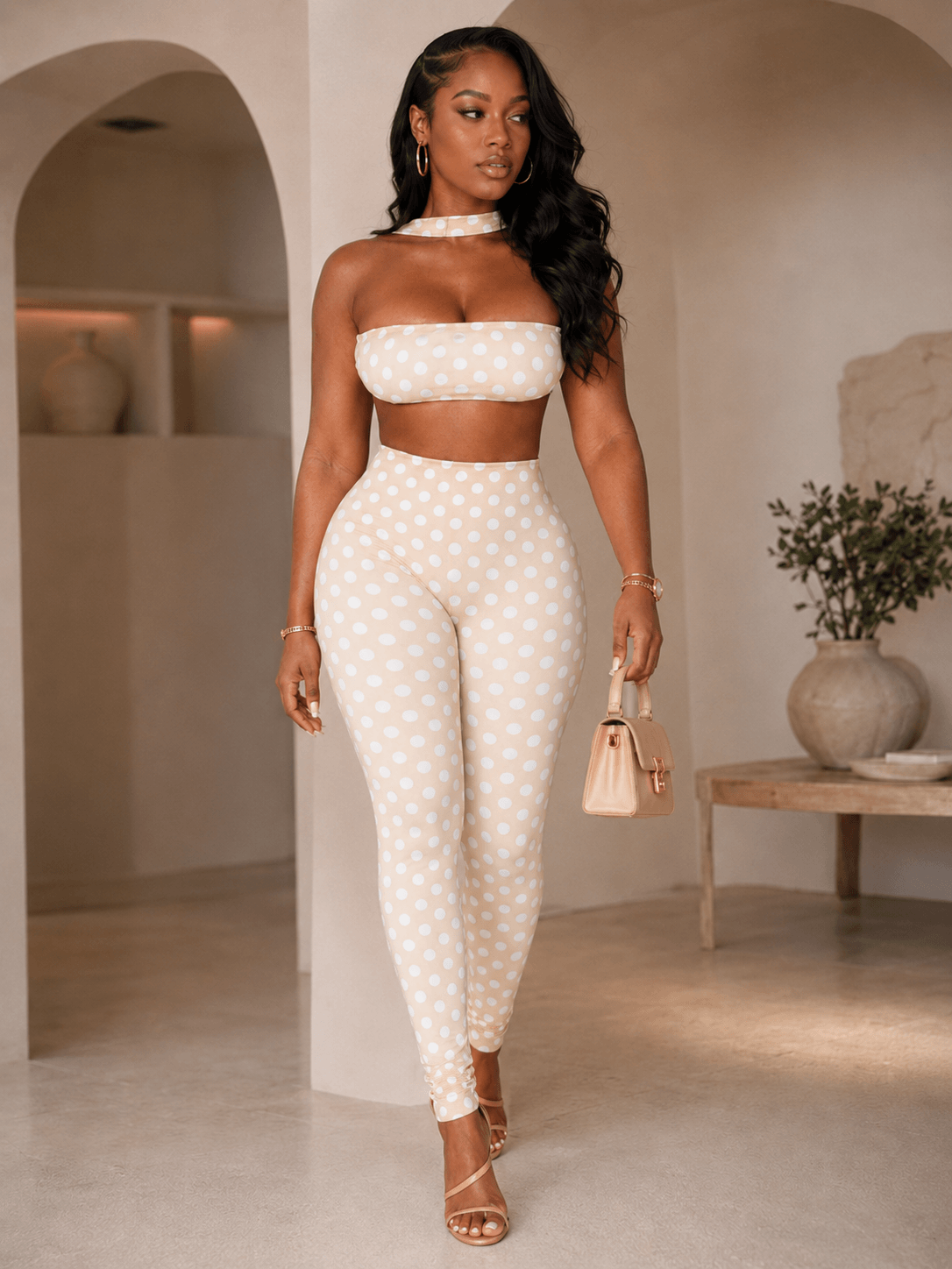 Retro Dot Bandeau Crop Top & High-Waist Leggings Set Rose In Concrete 🥀