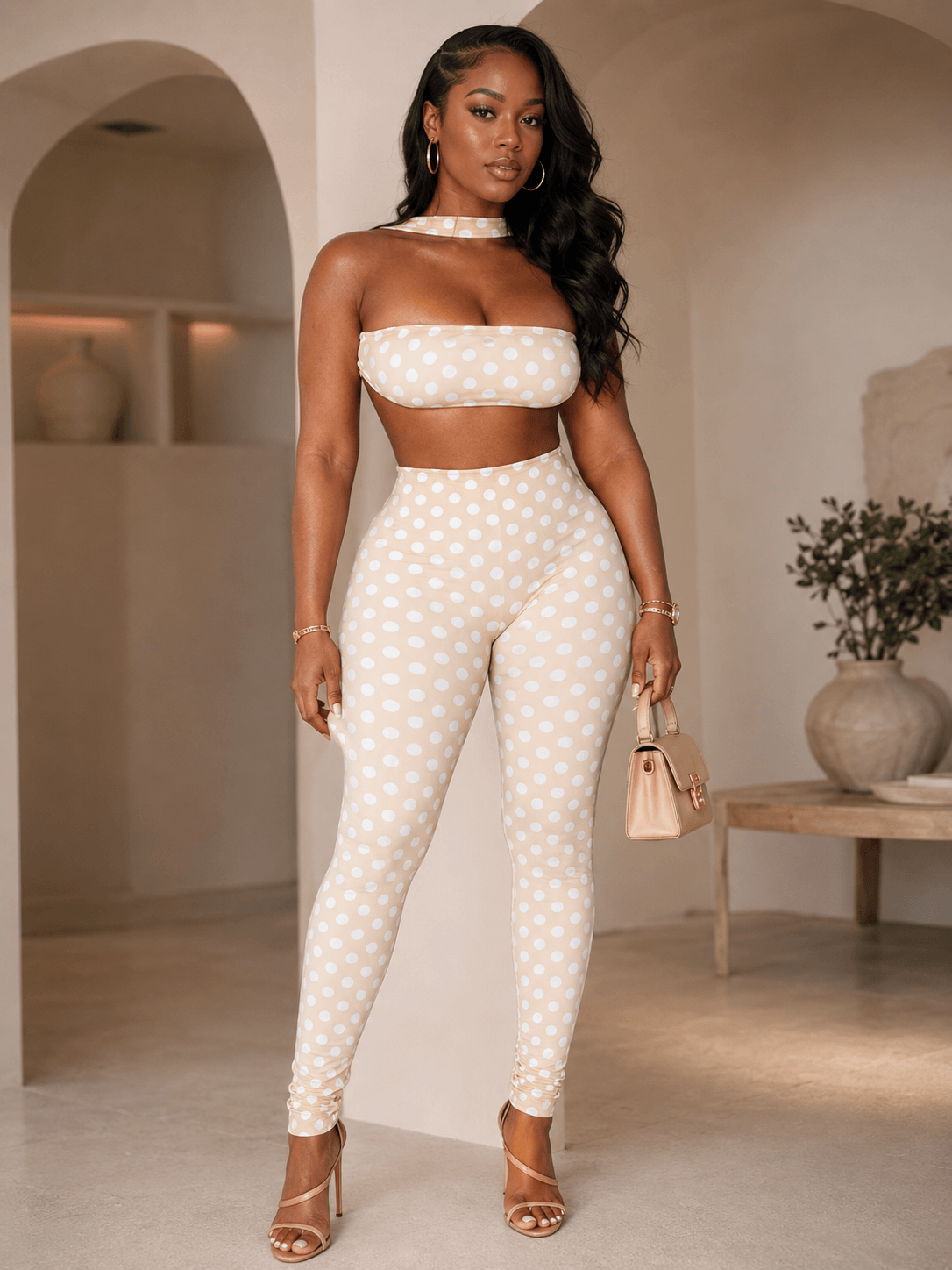 Retro Dot Bandeau Crop Top & High-Waist Leggings Set Rose In Concrete 🥀