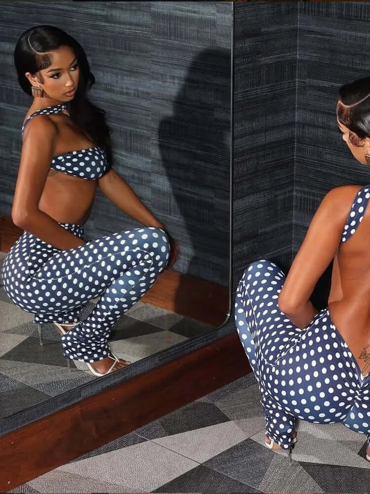 Retro Dot Bandeau Crop Top & High-Waist Leggings Set Rose In Concrete 🥀