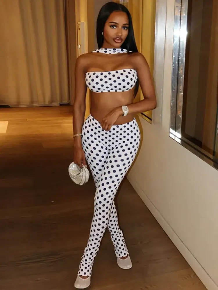Retro Dot Bandeau Crop Top & High-Waist Leggings Set Rose In Concrete 🥀