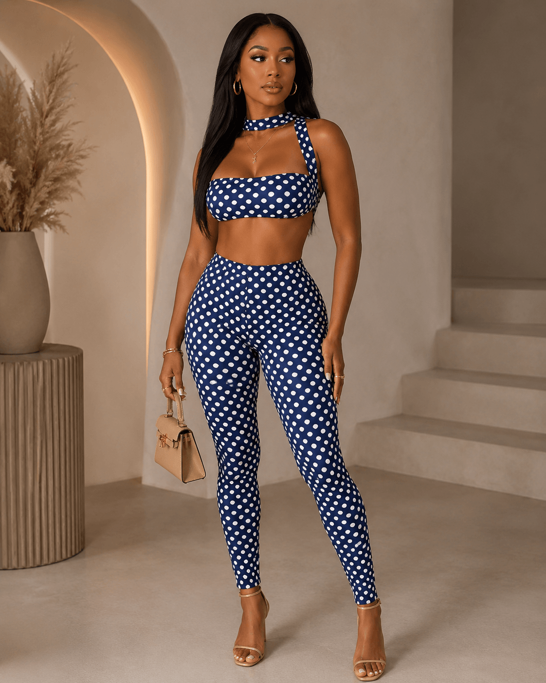 Retro Dot Bandeau Crop Top & High-Waist Leggings Set Rose In Concrete 🥀