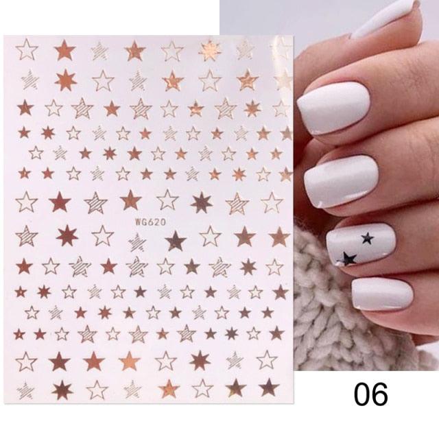 Rose Gold Star 3D Nail Stickers Silver Black White Star Heart Transfer Stickers for Nails DIY Decals Manicures Decoration Tips Nail Art Decals Water Transfer Nail Decals Sticker For Pretty Girl Self-Adhesive Nail Decals Designer Nail Stickers for Acrylic
