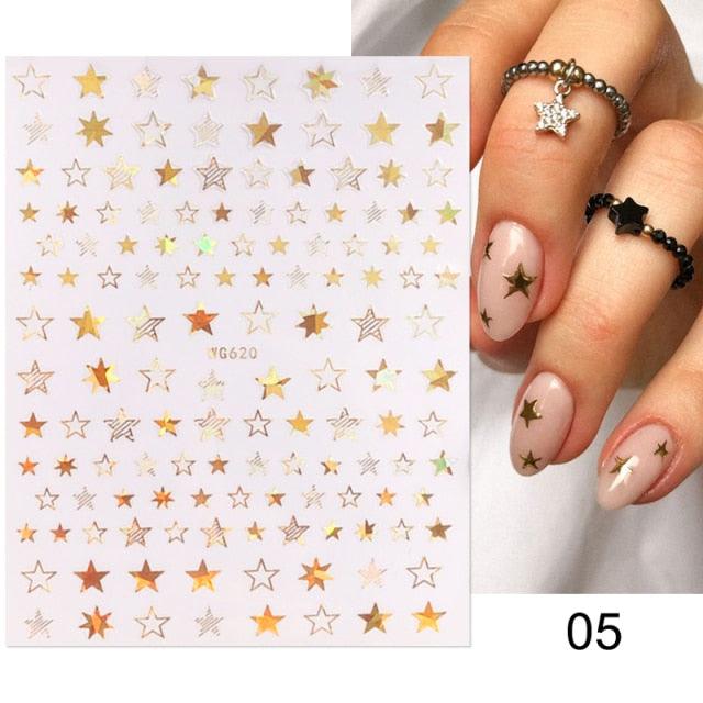 Rose Gold Star 3D Nail Stickers Silver Black White Star Heart Transfer Stickers for Nails DIY Decals Manicures Decoration Tips Nail Art Decals Water Transfer Nail Decals Sticker For Pretty Girl Self-Adhesive Nail Decals Designer Nail Stickers for Acrylic