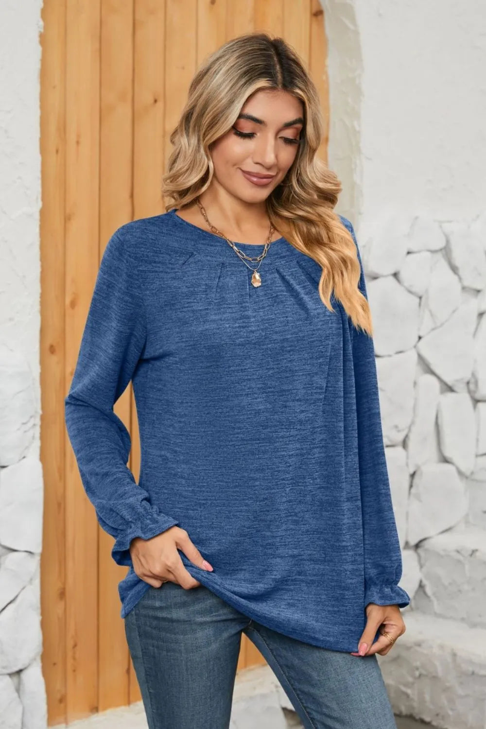 Ruched Round Neck Flounce Sleeve T-Shirt V.I.P Digital Presence