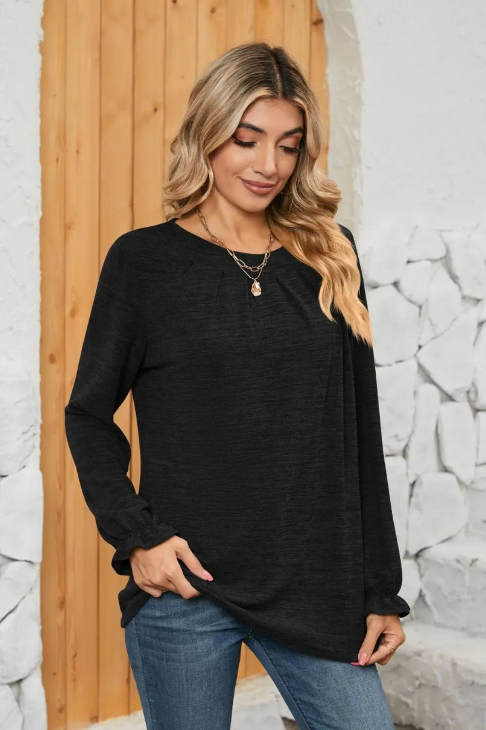 Ruched Round Neck Flounce Sleeve T-Shirt V.I.P Digital Presence