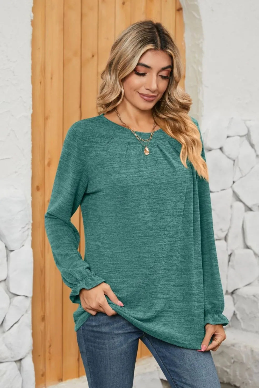 Ruched Round Neck Flounce Sleeve T-Shirt V.I.P Digital Presence