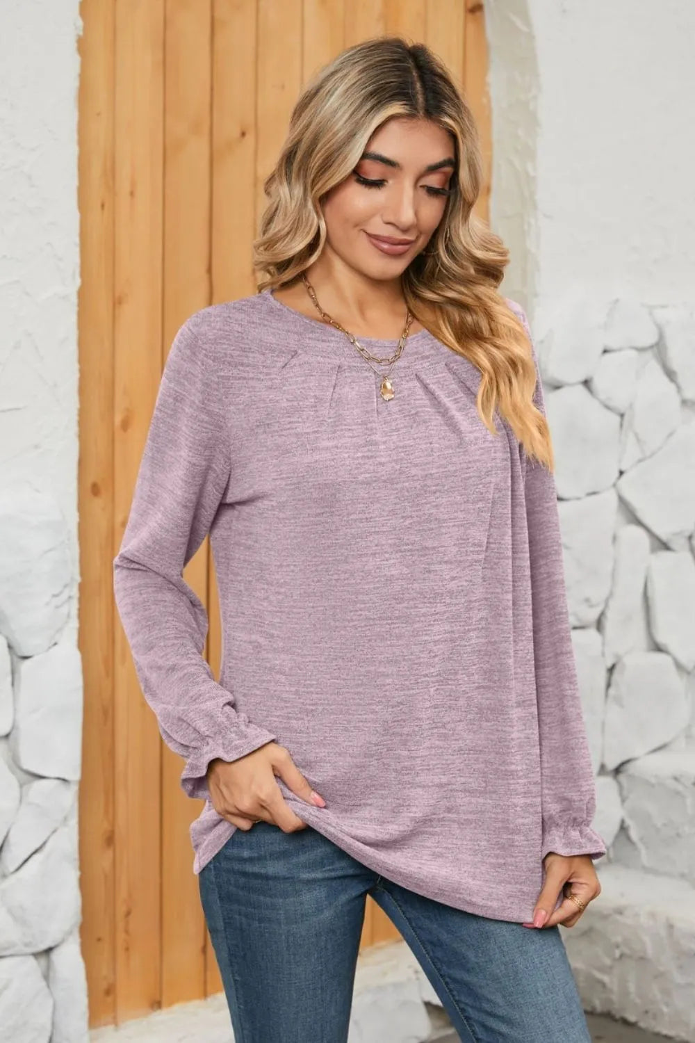Ruched Round Neck Flounce Sleeve T-Shirt V.I.P Digital Presence
