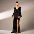 Rust Bell Sleeve Sexy Long Sequined Evening Dress