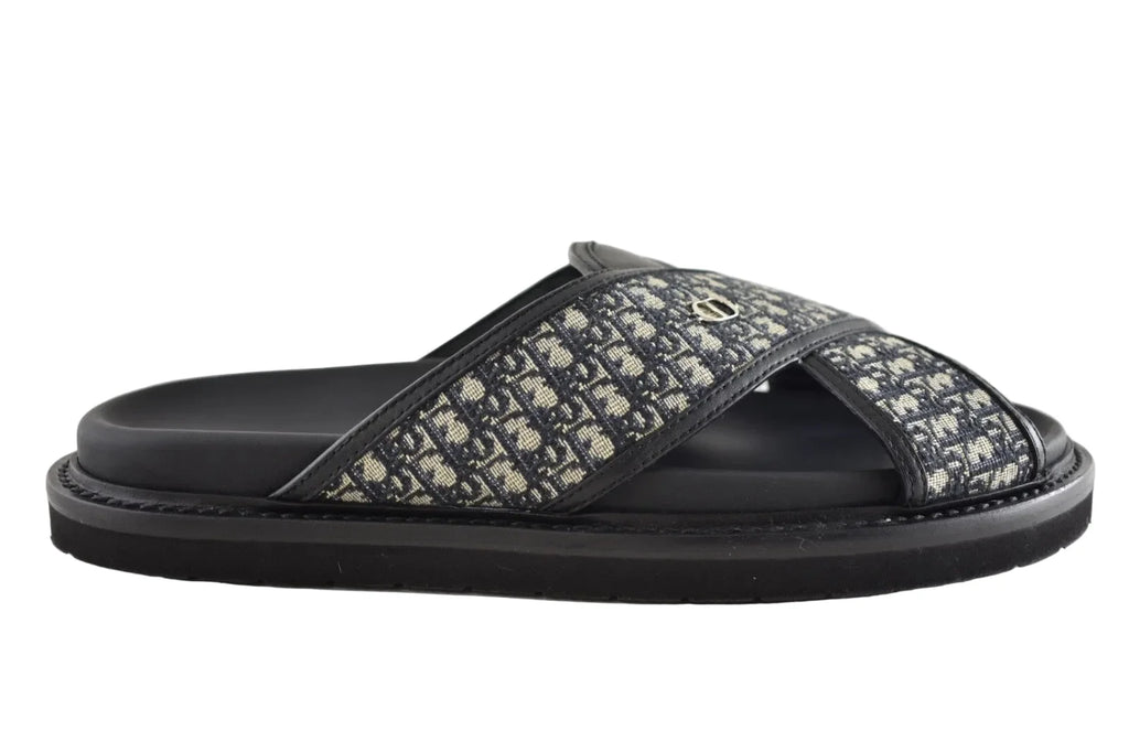 Dior Mens Aqua Sandal Beige Black Blue Oblique Jacquard Logo Slide Slip On