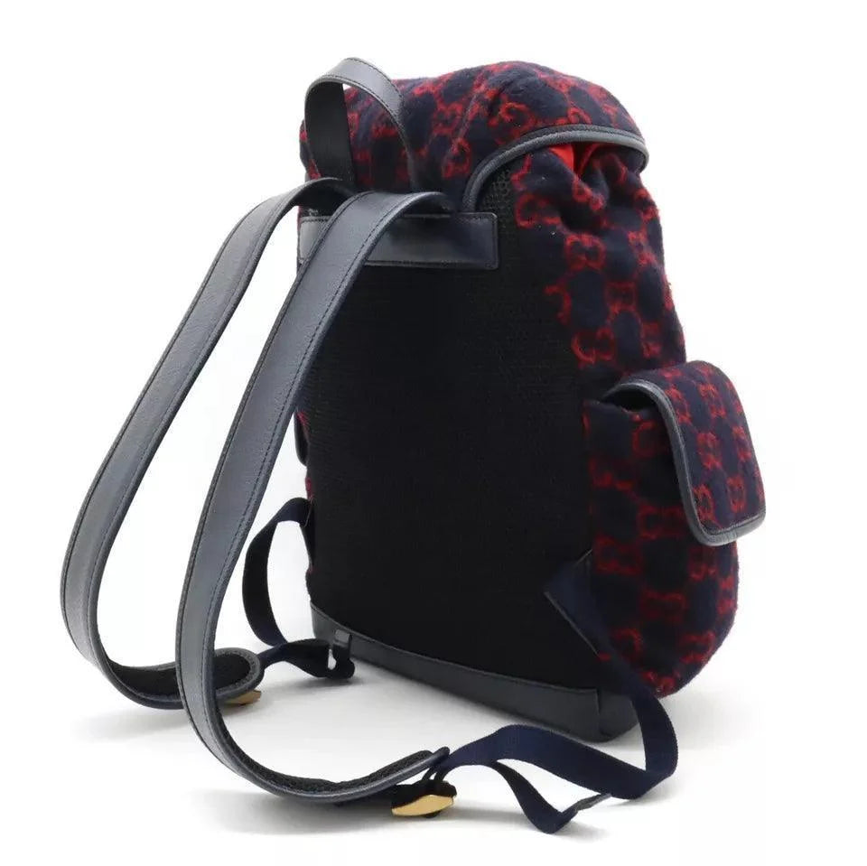 Gucci Covered Wool GG Monogram Small Double Buckle Backpack Navy Red Banlieue91