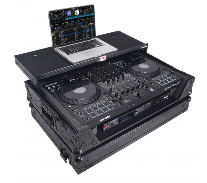 ProX XS-DDJFLX10WLTBLLED - ATA Flight Style Road Case For Pioneer DDJ-FLX10 or DDJ-GRV6 with Laptop Shelf 1U Rack Space Wheels and LED Black Finish The DJ Hookup